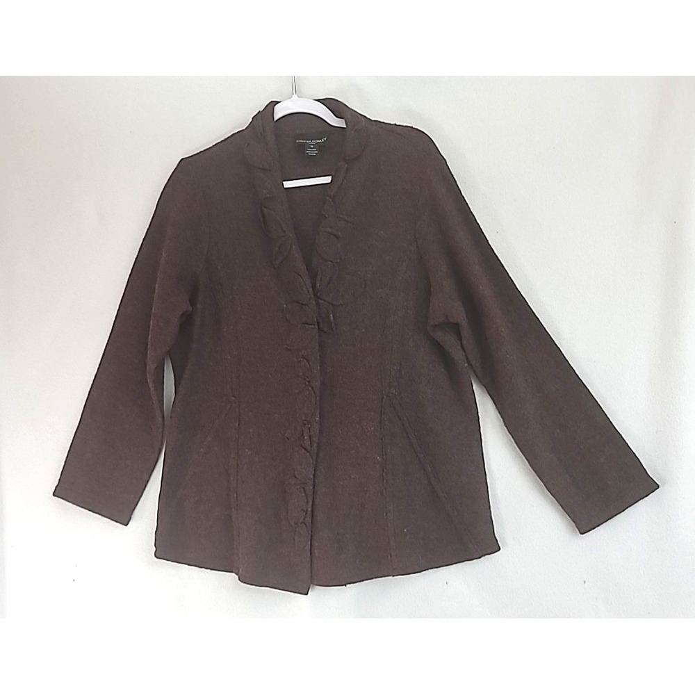 Cynthia Rowley Chocolate Brown Sweater Cardigan Jacket XL 100% Wool Leaf Accent